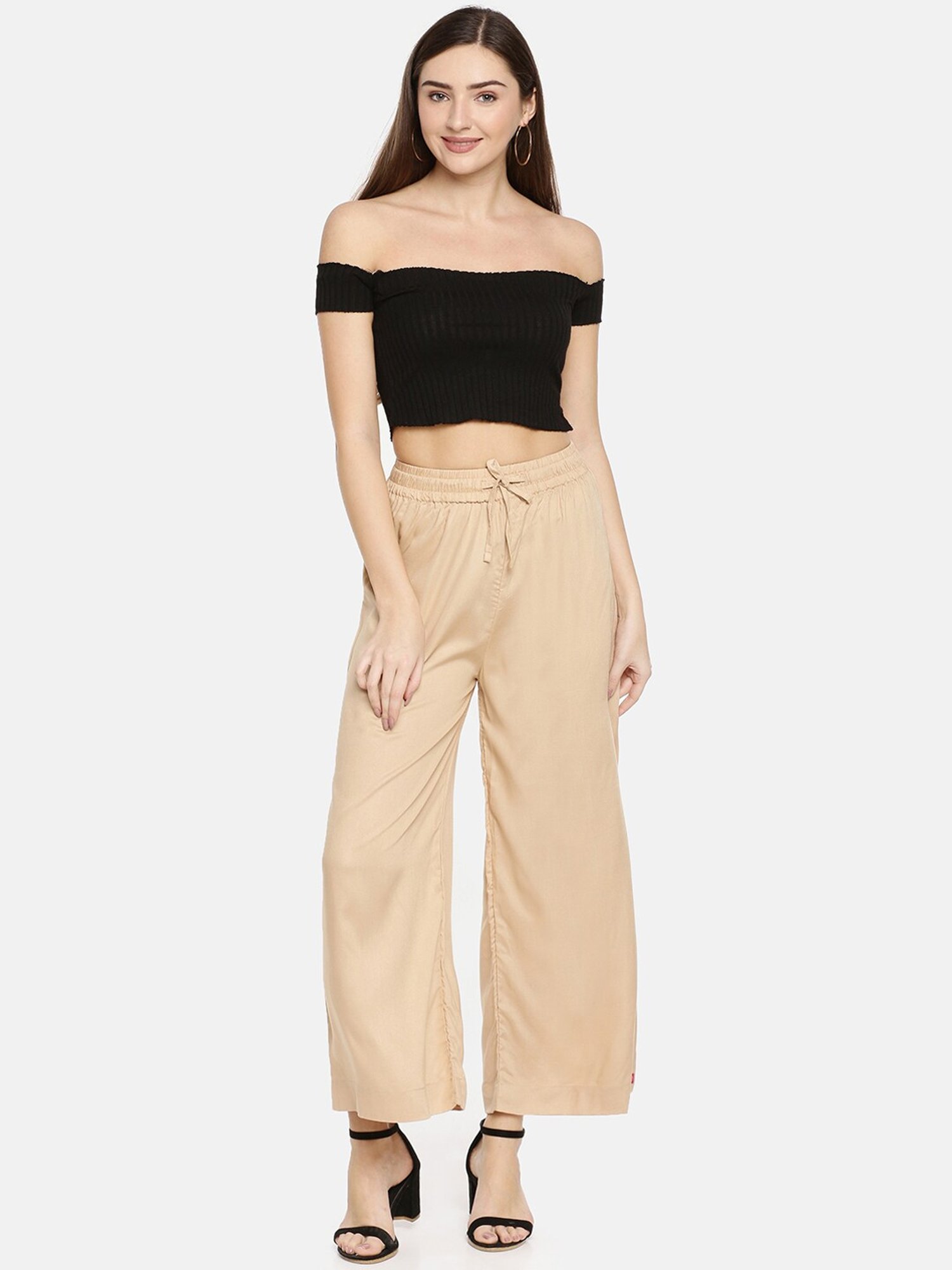 TWIN BIRDS Pink & Beige Mid Rise Palazzos - Pack Of 2