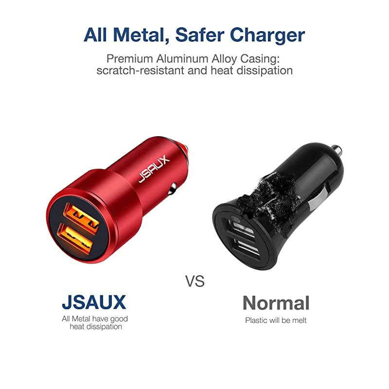 Car Charger  Quick Charge 30 3A Dual USB Ports 36W Fast Car Adapter Metal Compatible with Samsung Galaxy S10 S9 S8 S20 Plus Note 10 9 8 S7 iPhone Xs Max XR X 8 7 6 iPad LG G6 V20 Moto Red