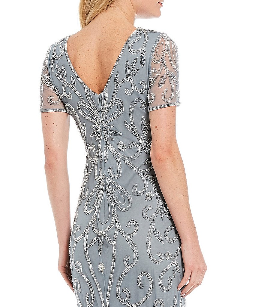 Pisarro Nights Beaded Scroll Motif Short Sleeve Gown