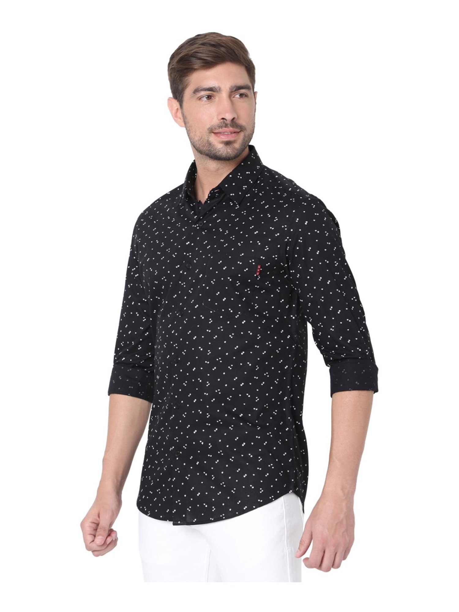 Mufti Black Cotton Slim Fit Printed Shirt