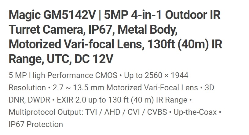 Eyemax Magic series TIU GM5142V 5MP Outdoor IR Turret Camera, IP67, Metal Body 5X Motorized