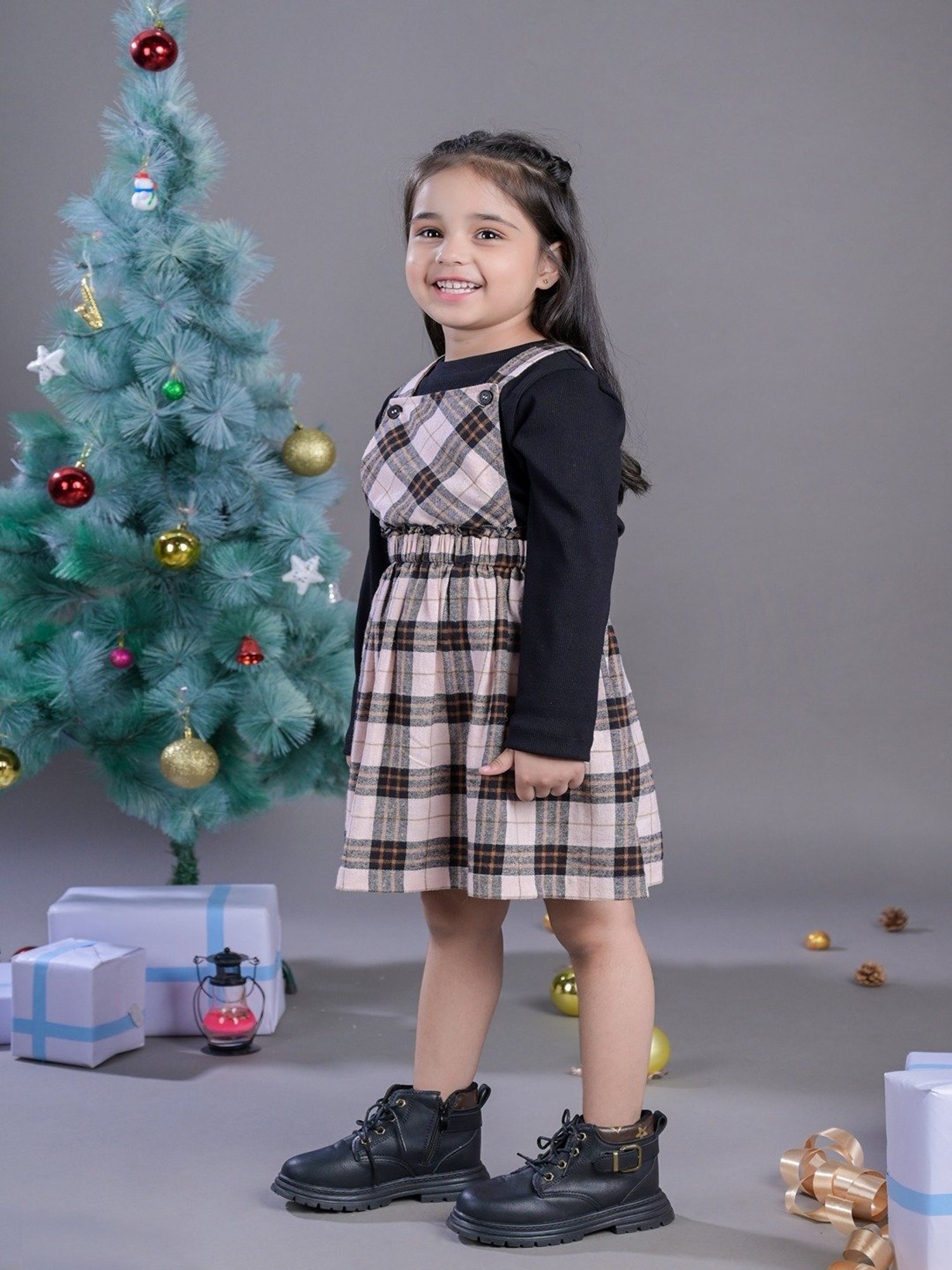 Budding Bees Kids Grey & Black Checks Full Sleeves Top with Dress