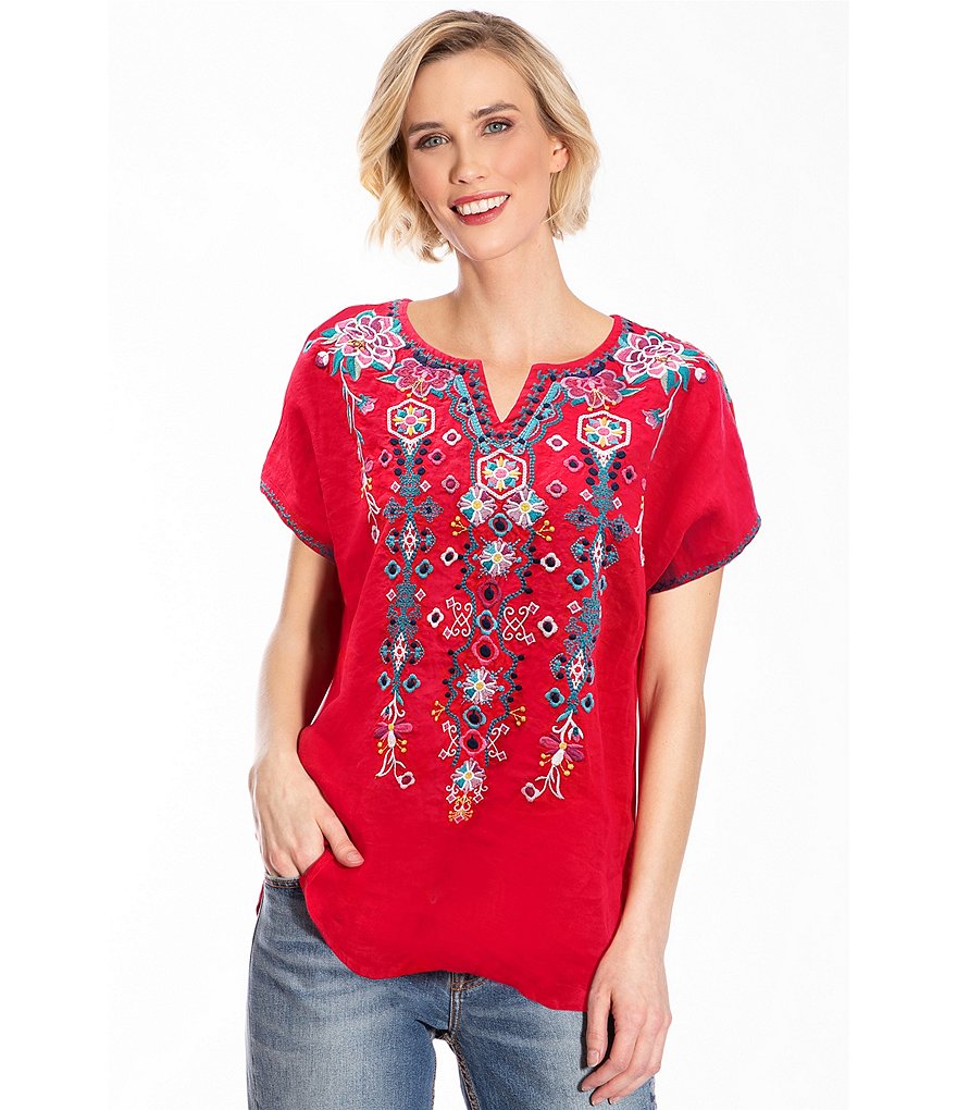 John Mark Embroidered Dolman Sleeve Split Round Neck Linen Top