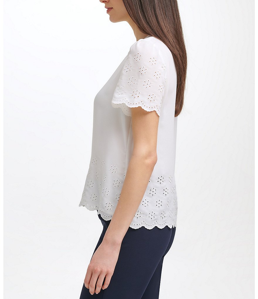 Tommy Hilfiger Jewel Neck Short Sleeve Scalloped Trim Eyelit Lace Woven Top