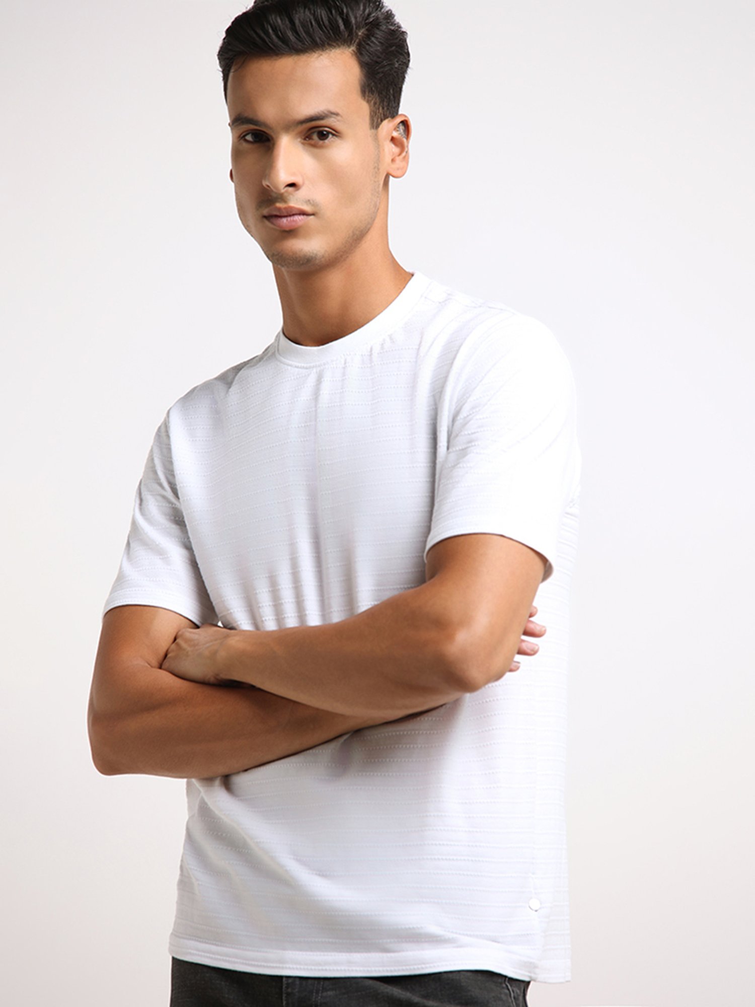 WES Lounge by Westside White Self-Striped Relaxed Fit T-Shirt