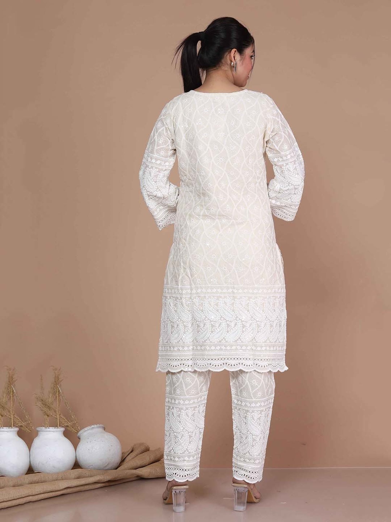 Miravan Beige Embroidered Kurta With Palazzo & Dupatta