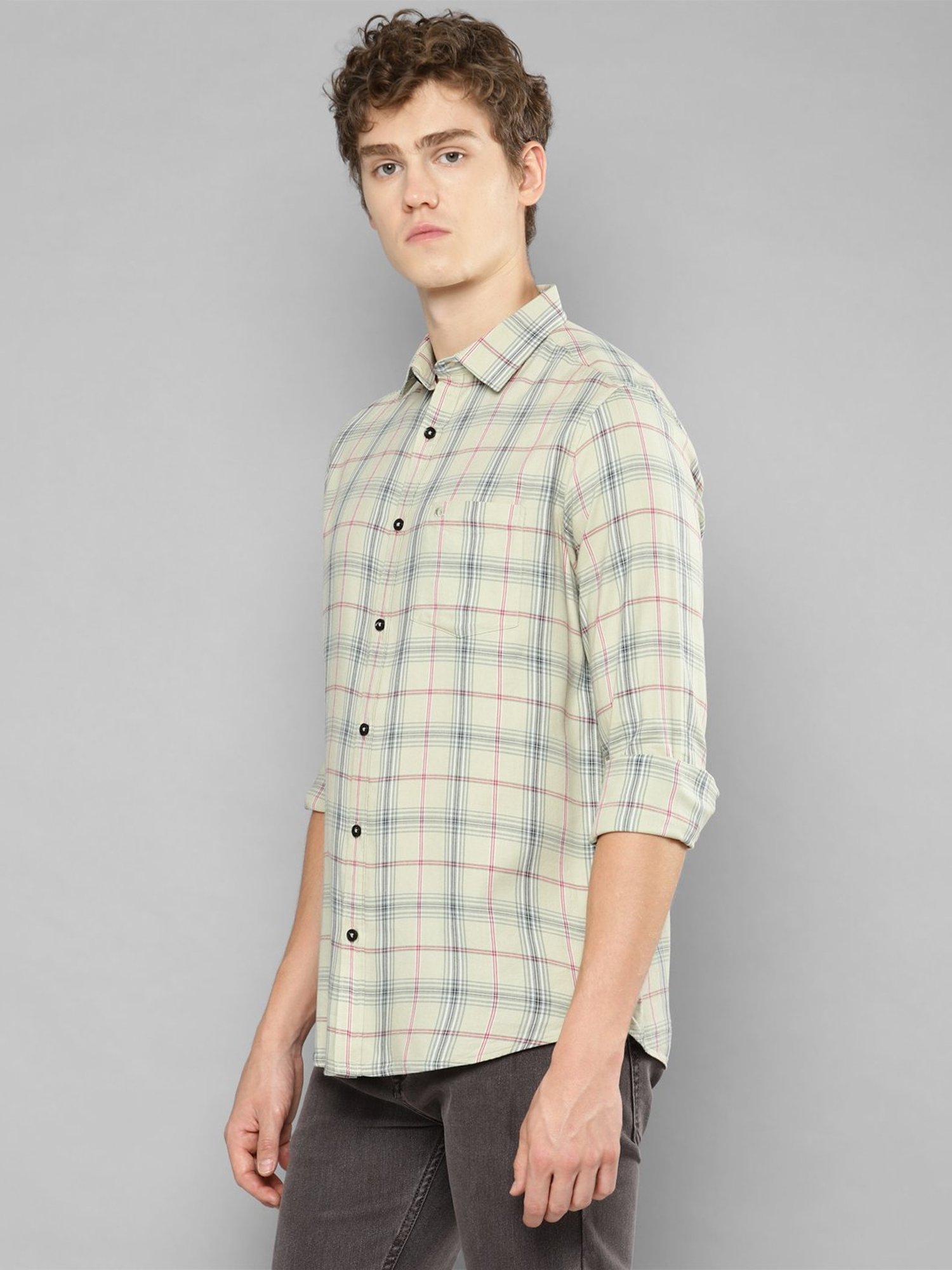Allen cooper Light Beige Regular Fit Check Cotton Shirt