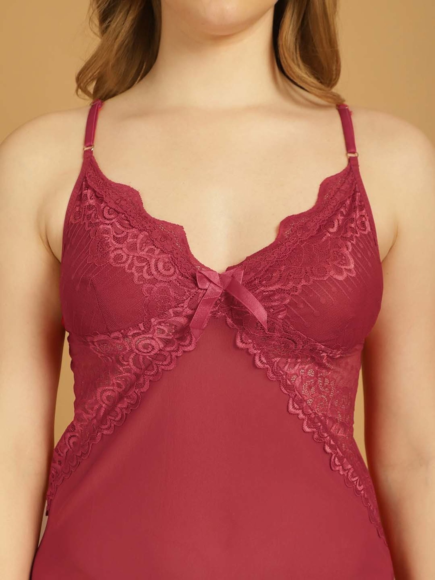 Stylee LIFESTYLE Maroon Lace Work Babydoll With Brief