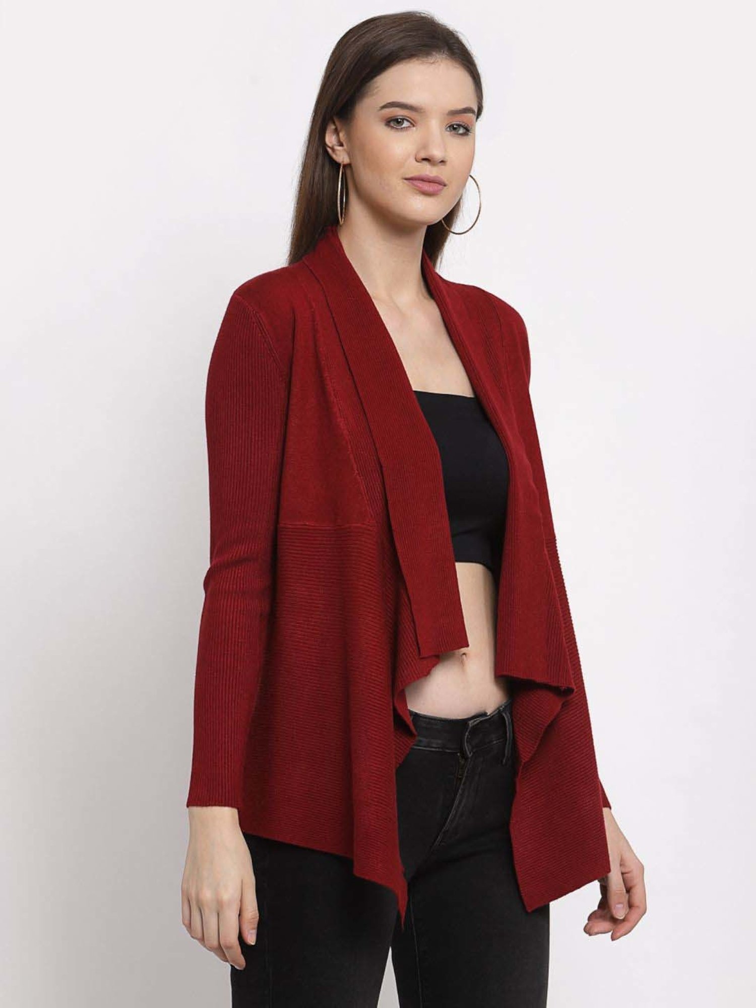 Mafadeny Maroon Striped Shrug