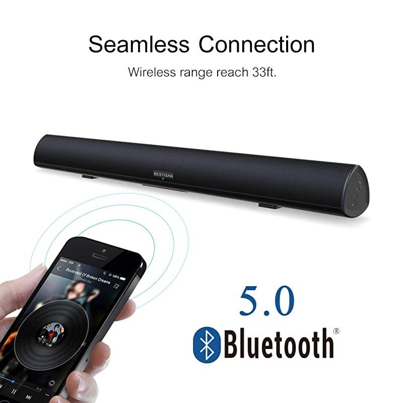 34Inch Sound bar Bestisan Soundbar Bluetooth 50 Wireless and Wired Home Theater Speaker DSP Bass Adjustable Optical Cable Included WorryFree 90Day Trial 2019 Upgraded