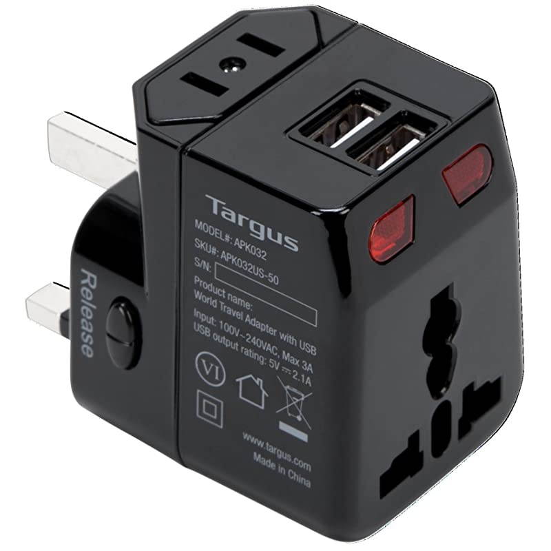 World Travel Power Adapter with Dual USB Charging Ports for Laptop, Phone, Tablet, or Other Mobile Device (APK032US)