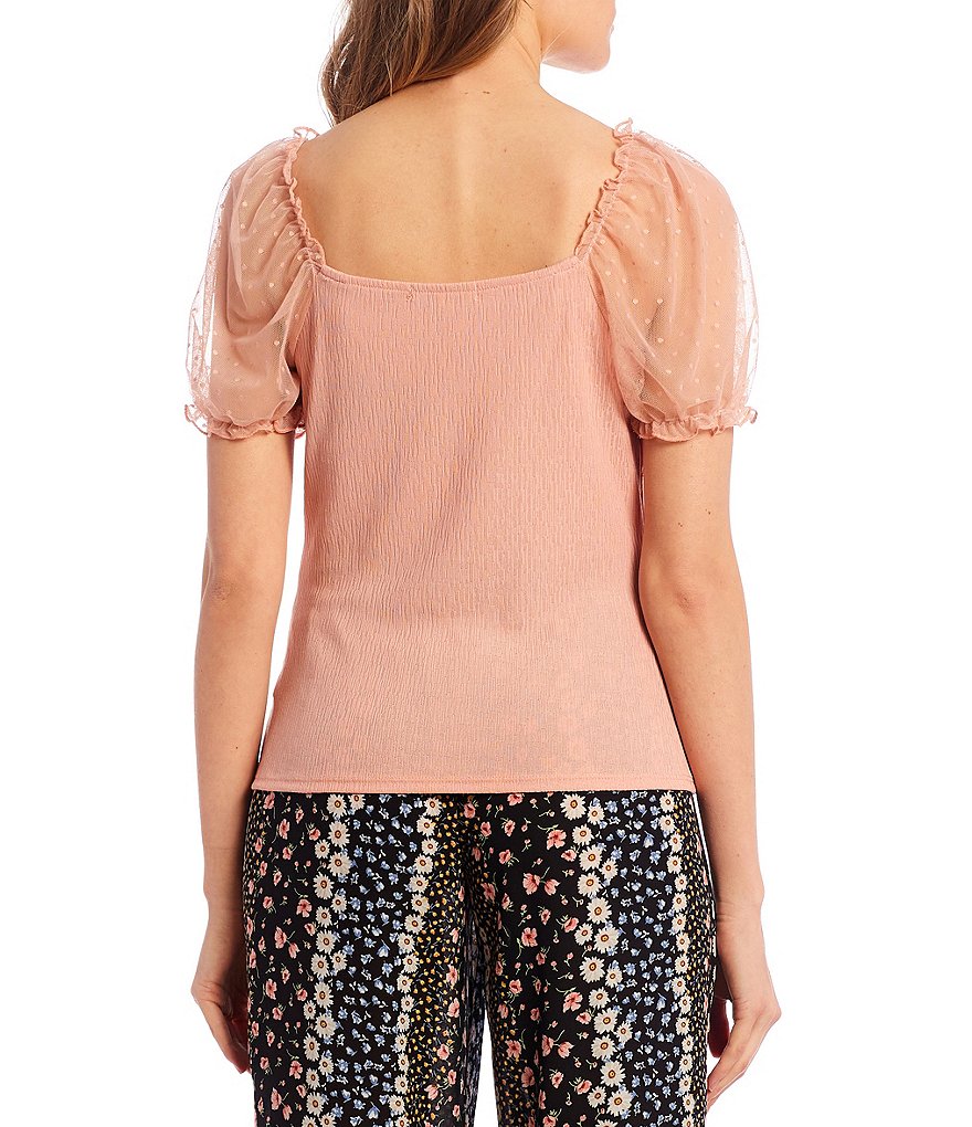 Evolutionary Sheer Puff-Sleeve Square-Neck Clip-Dot Knit Top