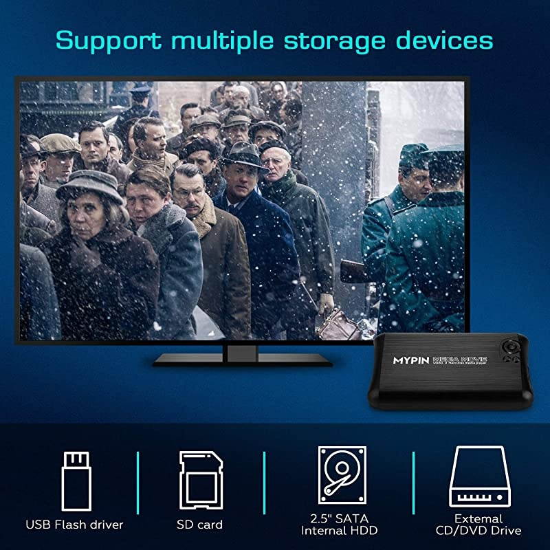 USB3.0 HDMI Media Player Support 2.5" SATA HDD with HDMI/AV/Coaxial Output, Portable MP4 Player for Videos / Music / Photos from USB Drive / SD Card / Internal or External HDD