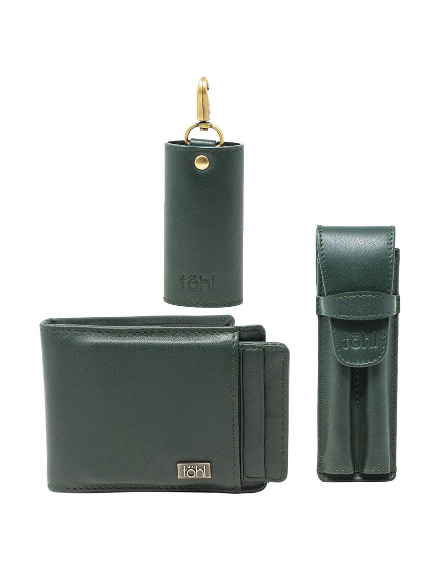 Tohl Halle Green Casual Leather Bi-Fold Wallet, Keychain & Pen Holder Set for Men