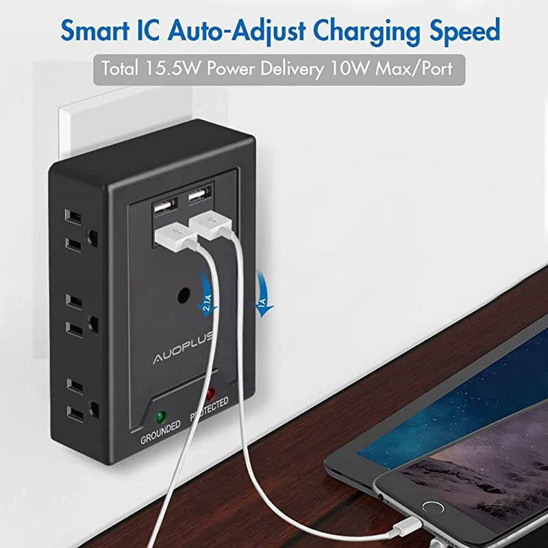 Multi Plug Wall Outlet Extender,  6 Outlet Power Strip Surge Protector with 4 USB Charger[5V/3.1A]-Grounded Electrical Plug Adapter Outlet Splitter for Home Office Bedroom Kitchen-1050J