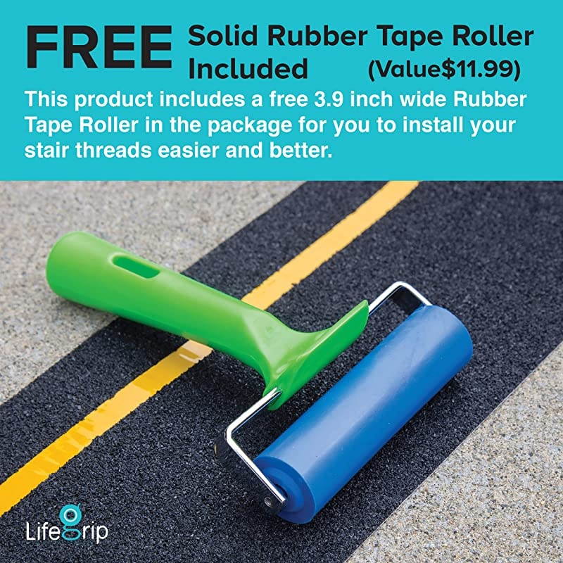 Textured Rubber Surface Anti Slip Stair Treads with Reflective Yellow Stripe Non Slip Safety Tape Comfortable for Bare Foot Black with Free Rubber Roller 6quotX24quotX12P Reflective