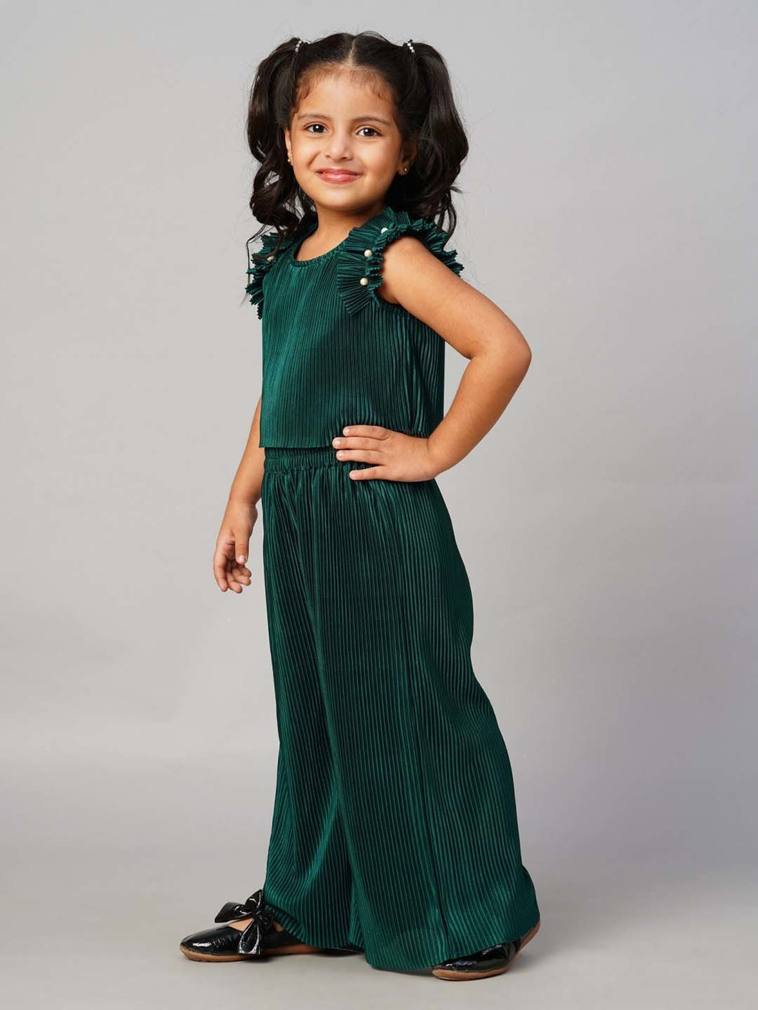 Lil Drama Kids Green Embellished Top Set