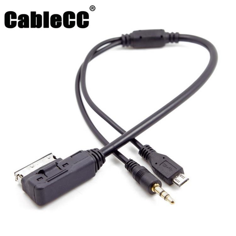 Cablecc Media In AMI MDI to Stereo 3.5mm Audio & Micro USB Aux Adapter Cable For Car VW AUDI 2014 A4 A6 Q5 Q7
