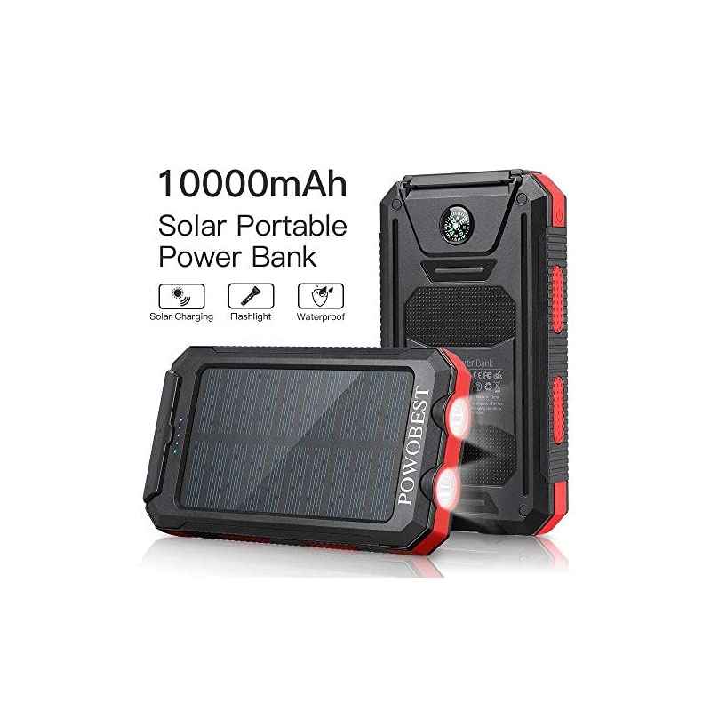 10000mAh Solar Power Bank,  Portable Solar Panels with Flashlight & Compass Waterproof Solar Power Bank, Solar Phone Charger-