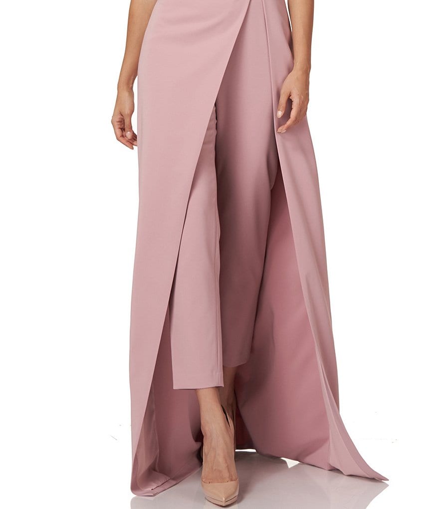 Kay Unger Garcelle Stretch Crepe V-Neck Short Sleeve Belted Walk Thru Jumpsuit Dress