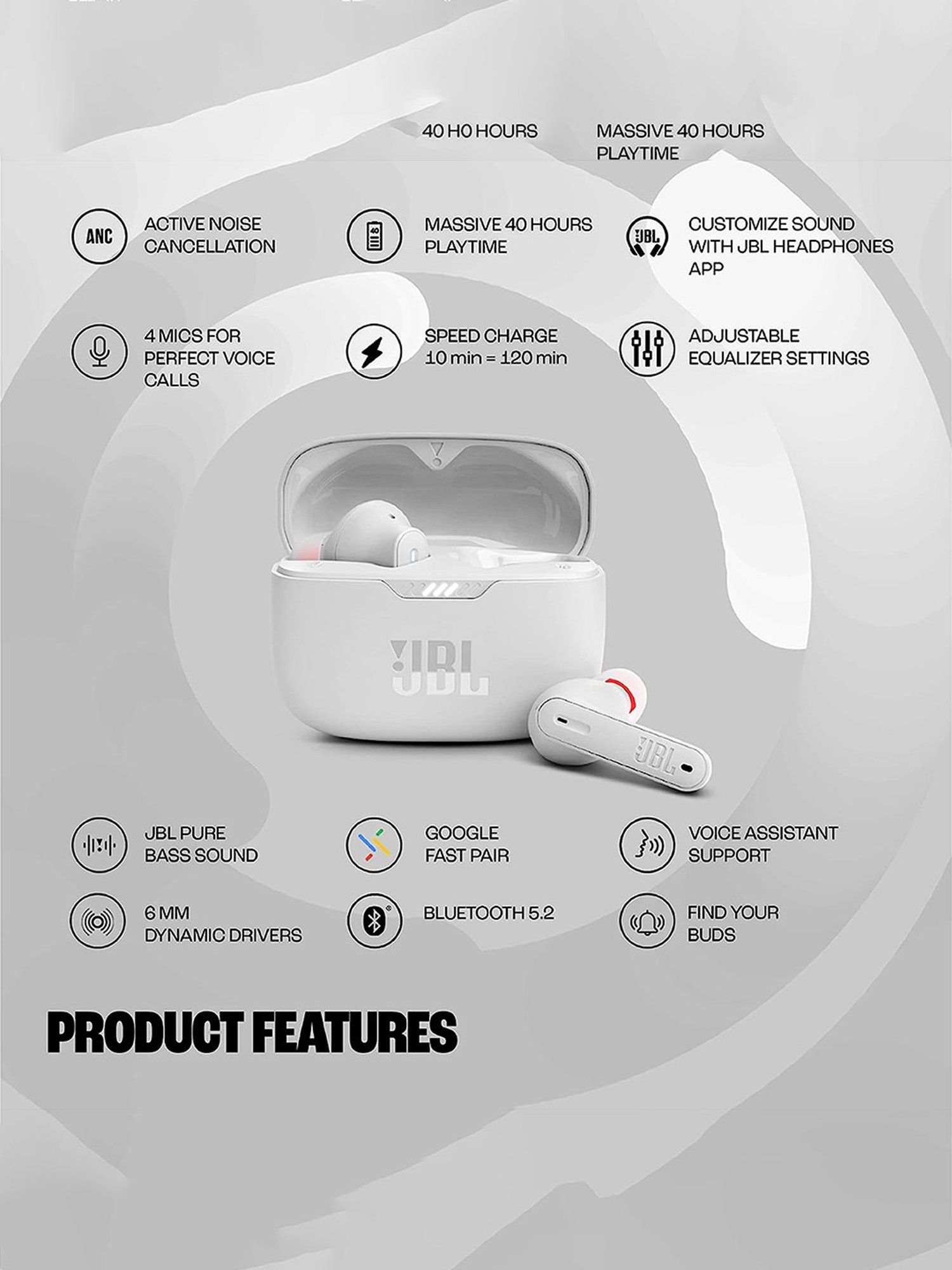 JBL Tune 230NC TWS In Ear ANC Earbuds with Mic & Massive 40 Hours Playtime (White, True Wireless)