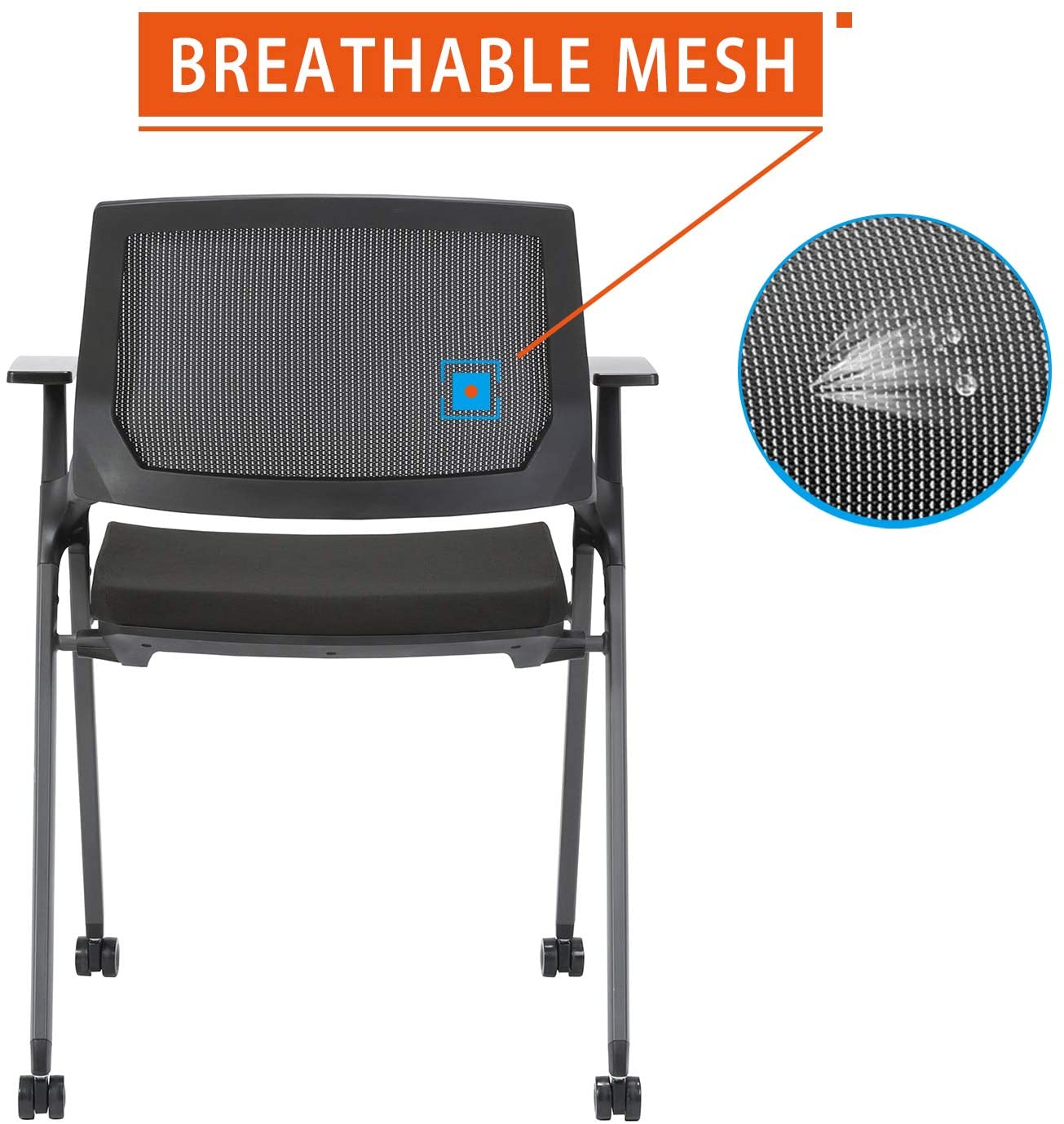 COLAMY Mesh Guest Reception Stack Chairs with Caster Wheels and Arms for Office School Church Conference Waiting Room Black