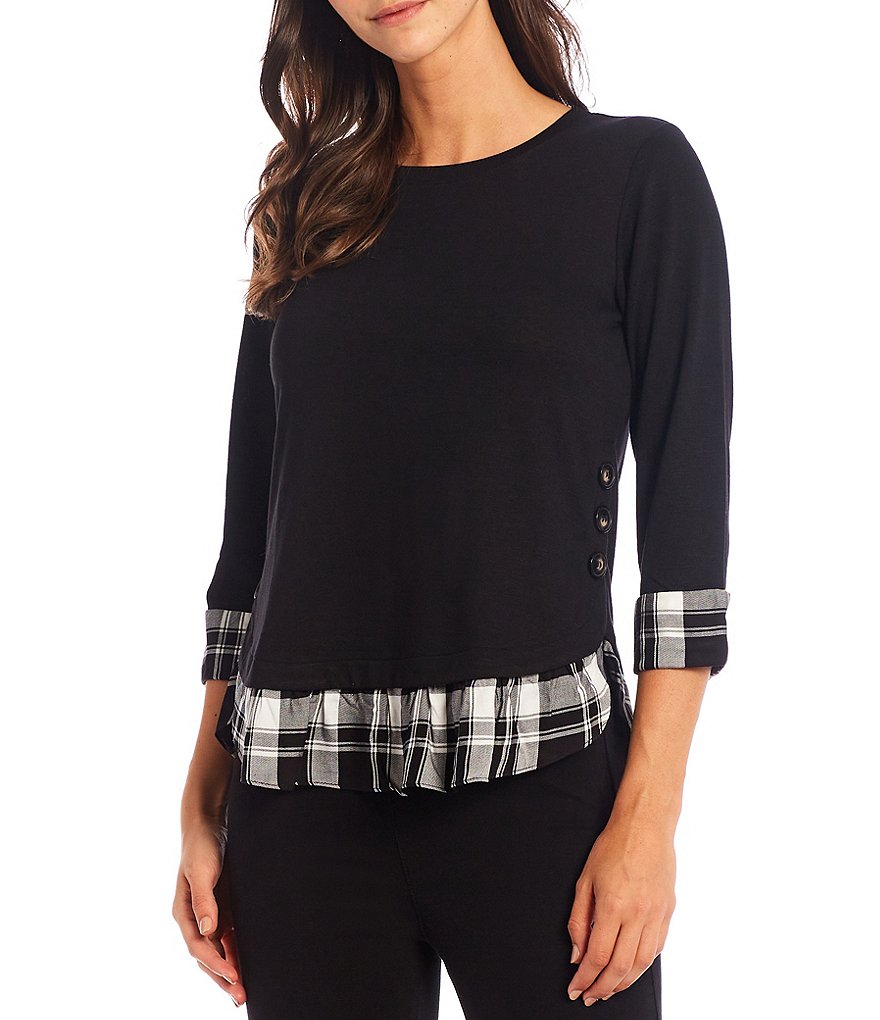 I.N. Studio Petite Size Hacci Knit 3/4 Sleeve Crew Neck Plaid Print Trim Side Button Hem Detail Twofer Top