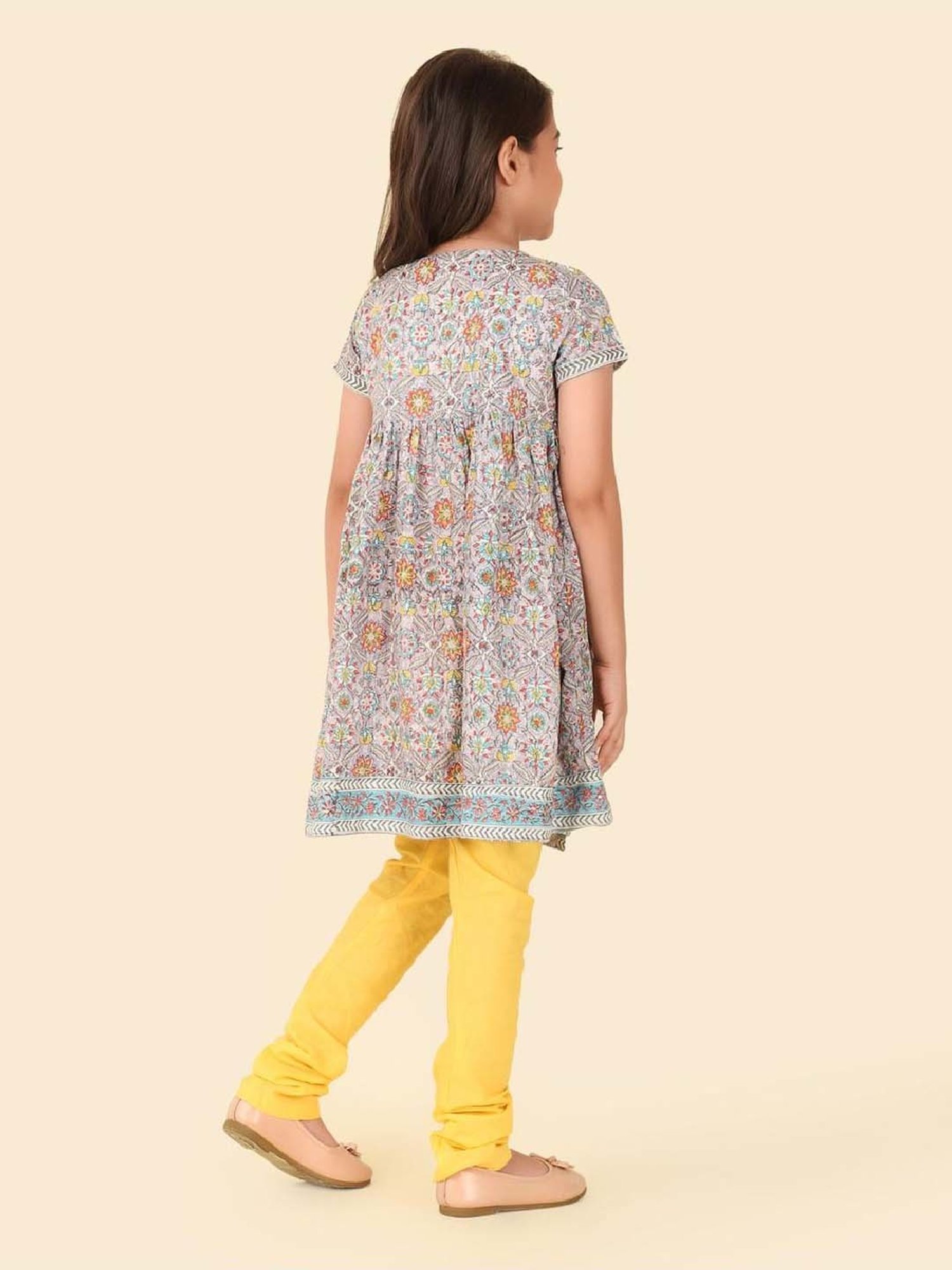 Fabindia Kids Grey & Yellow Cotton Printed Kurta Churidar Set