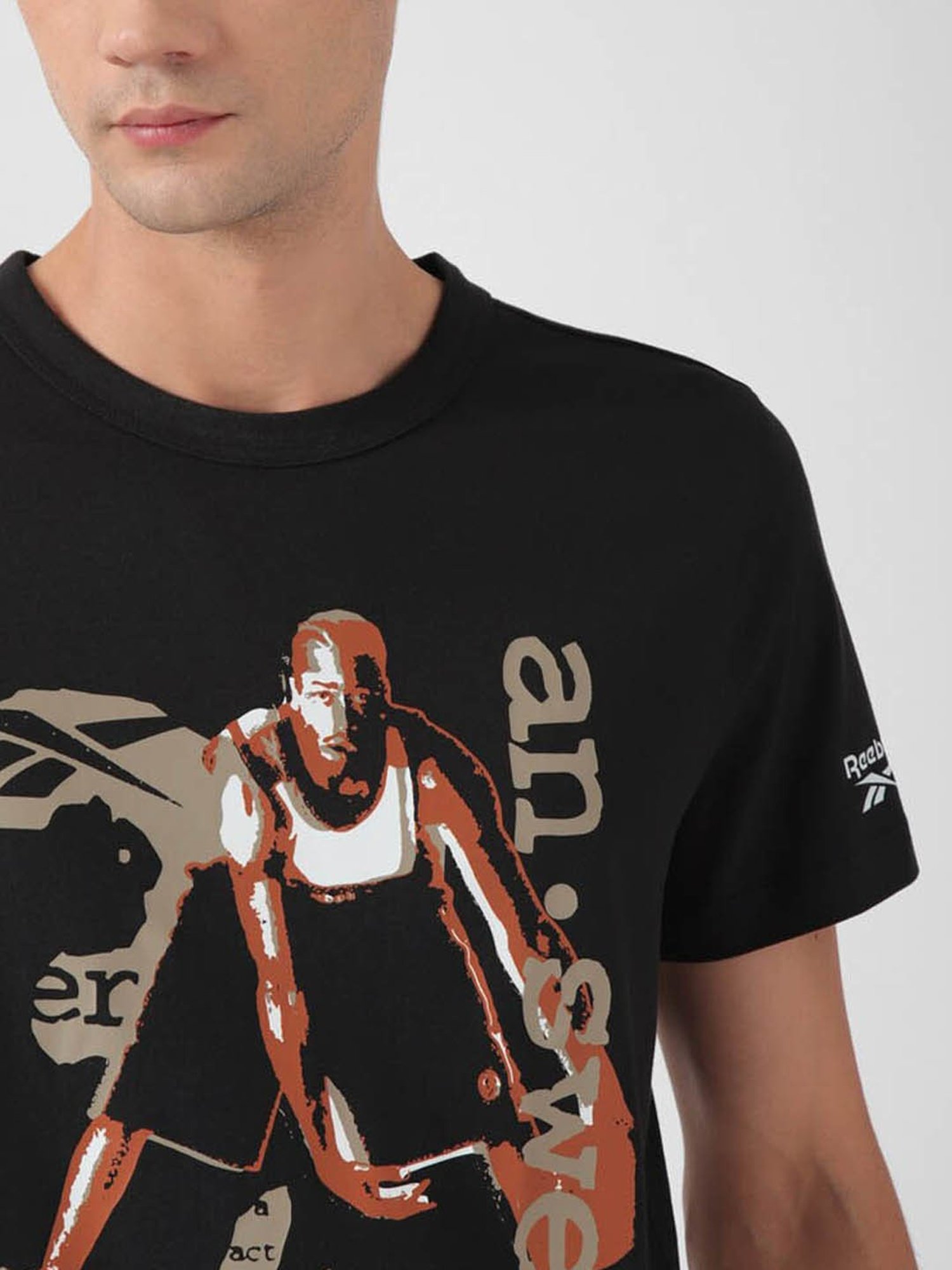 Reebok Black Cotton Regular Fit Printed Sports T-Shirt