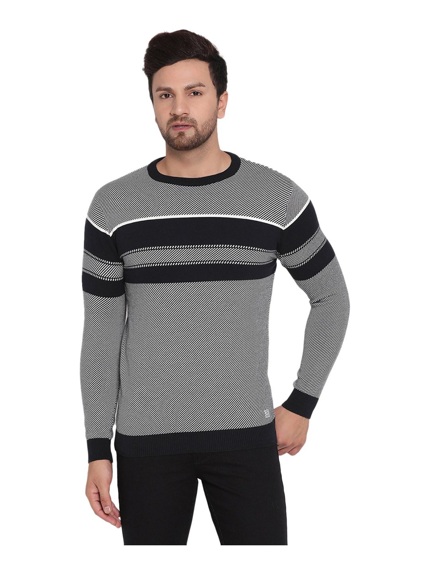 METTLE Navy Striped Round Neck Sweater