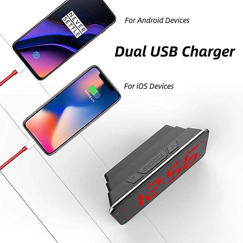 Loud Alarm Clock with Bed Shaker, Vibrating Alarm Clock for Heavy Sleepers, Deaf and Hard of Hearing, Dual Alarm Clock with USB Charger, 7-Inch Display, Full Range Dimmer, Battery Backup - Red