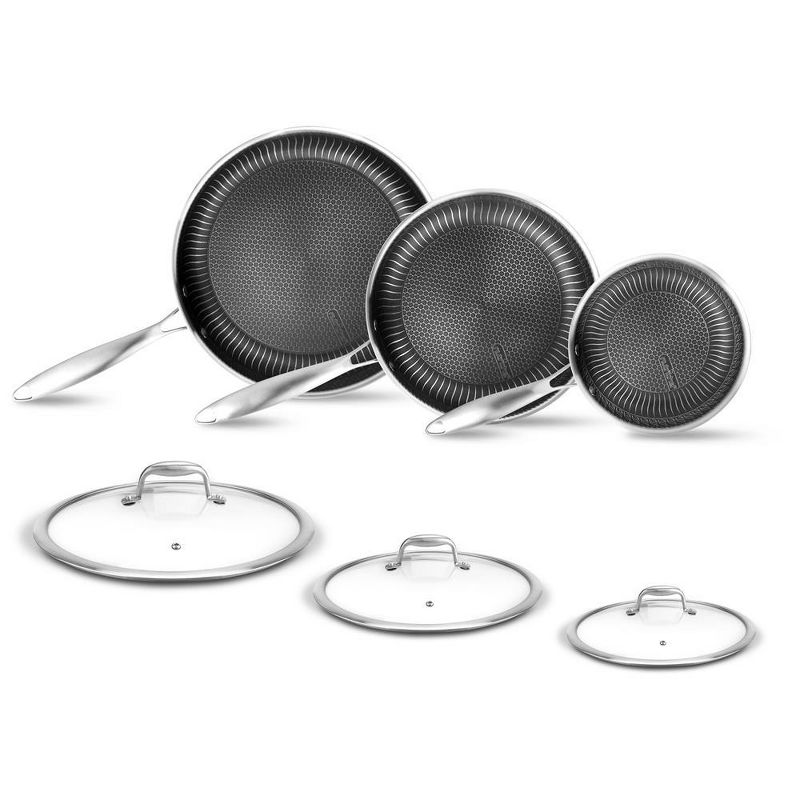 NutriChef Nonstick 6 Piece Tri Ply Stainless Steel Kitchen Cookware Frying Pan Set with Matching See Through Tempered Glass Lids