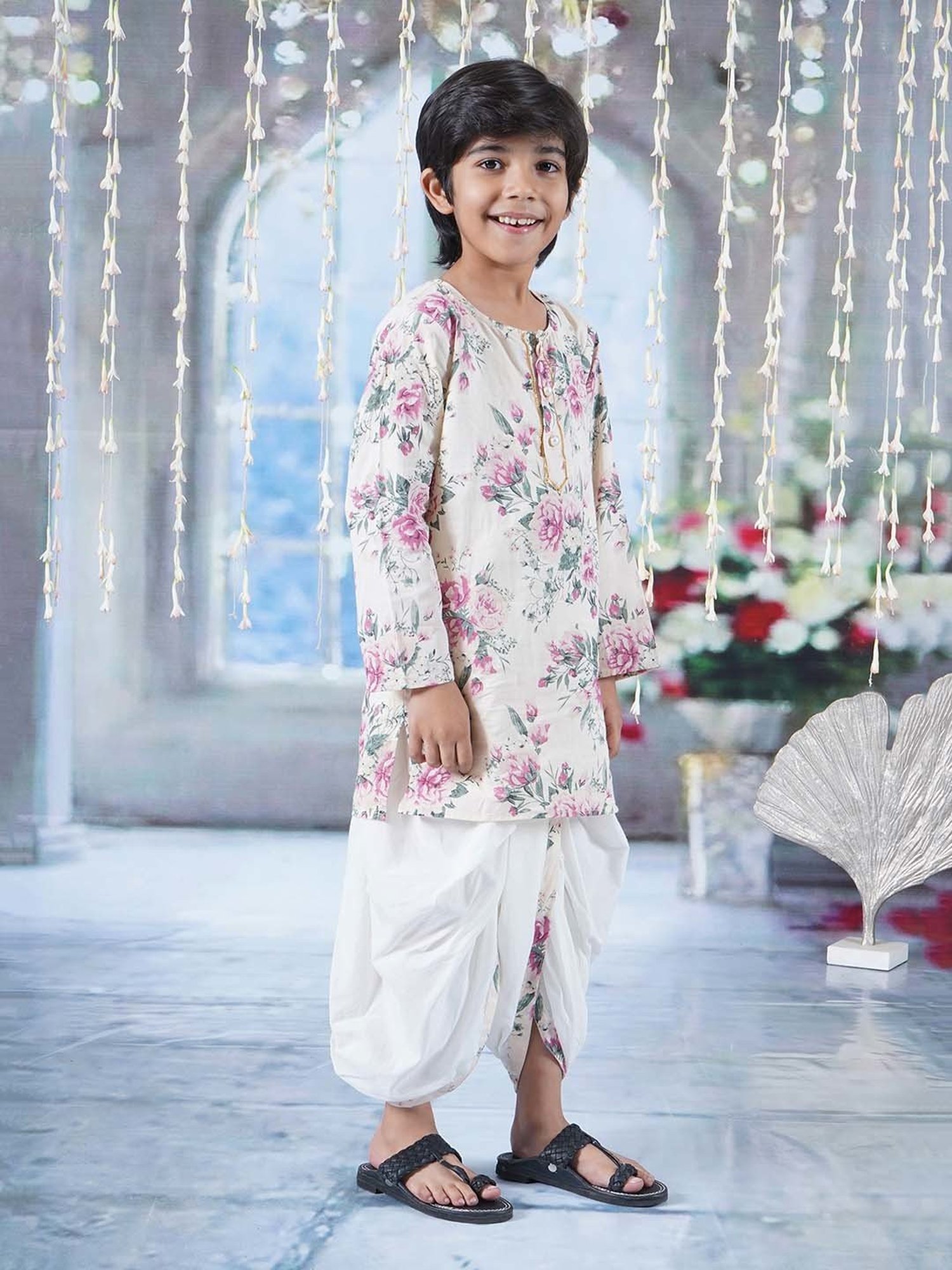 Little Bansi Cream & Lilac Cotton Floral Print Full Sleeves Kurta Set
