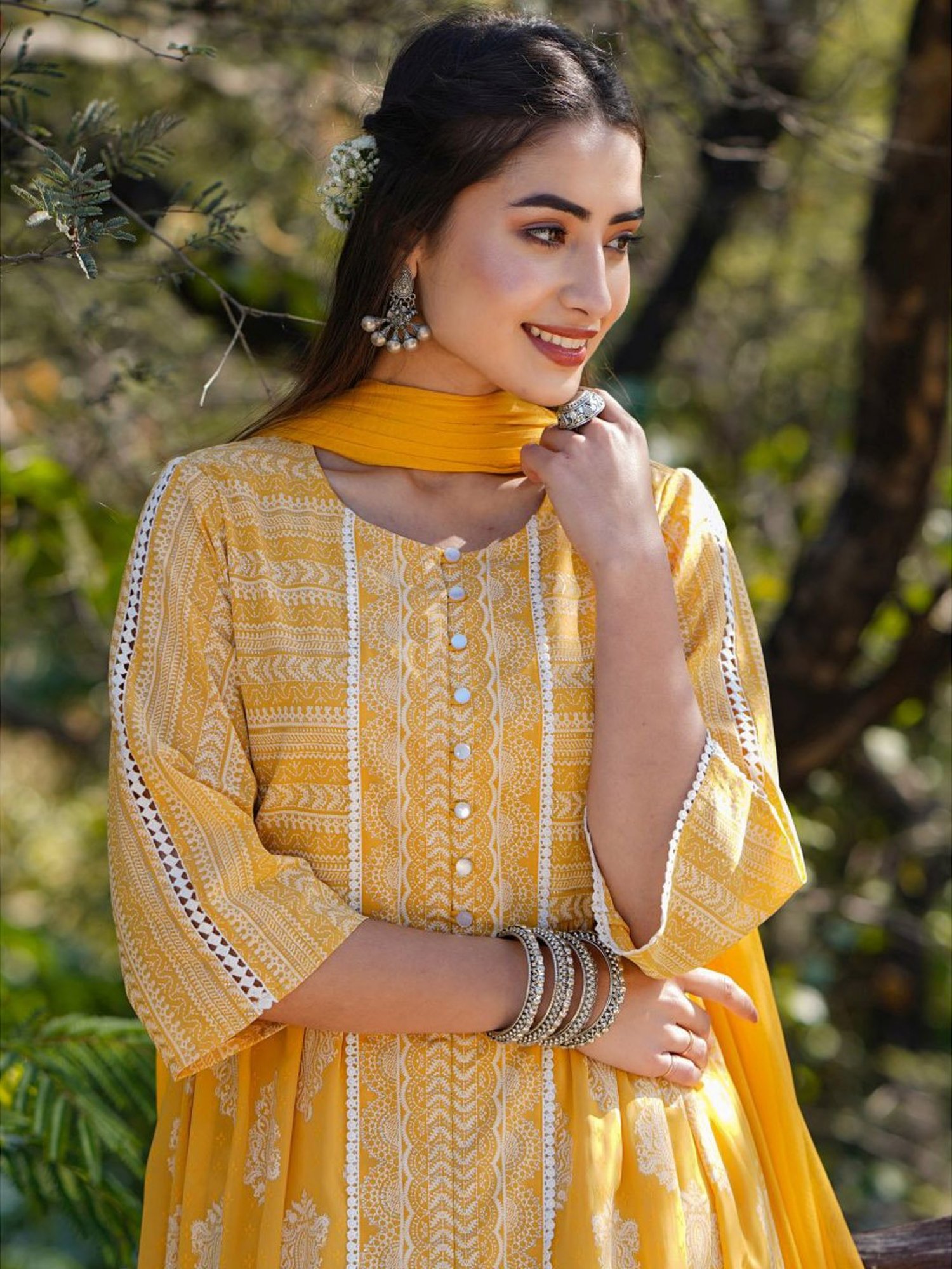 Juniper Yellow Ethnic Motif Printed Georgette Kurta Churidar & Chiffon Dupatta Set With Lace Work
