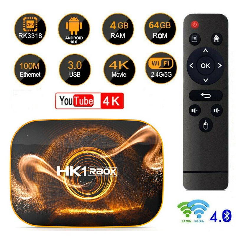 UKCOCO RK3318  Android 10.0 Smart TV Box, 4GB 64GB Media Player 2.4G/5G/WIFI/3D/4K/HD Set-top Box Media Player Black