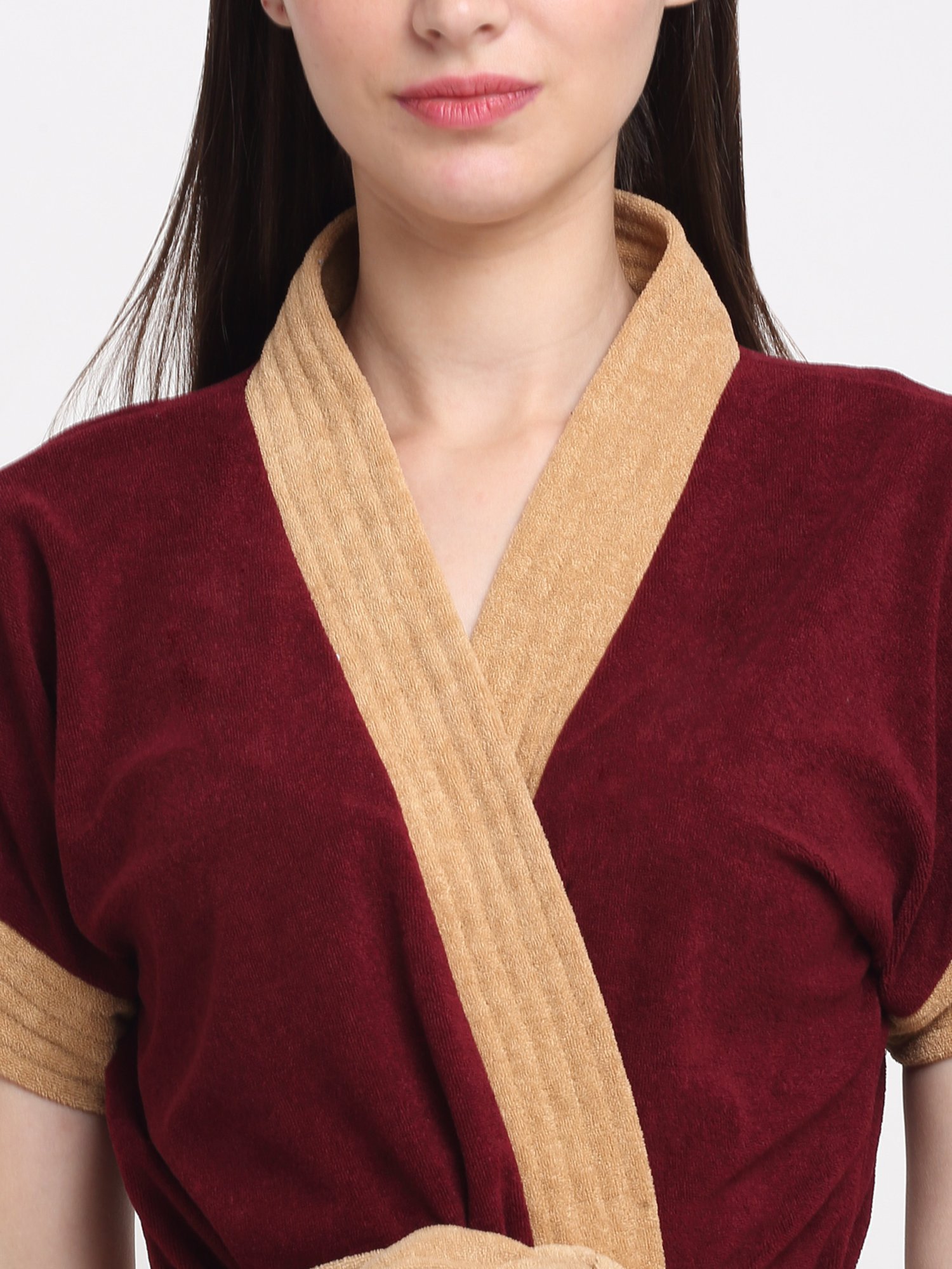 Creeva Everyday Red & Navy 225 GSM Micro Terry Bathrobe with Front Pocket & Kimono Collar