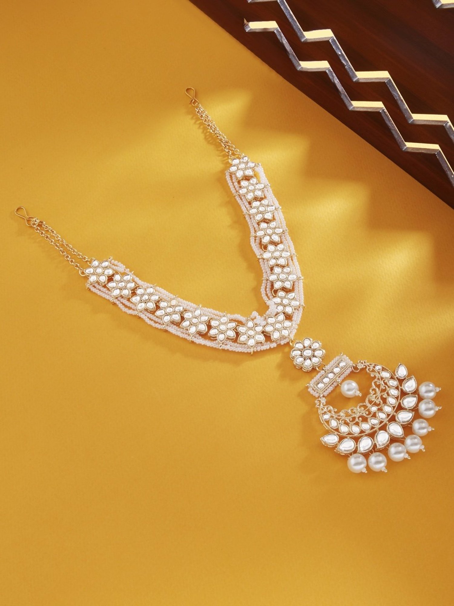 Zaveri Pearls Gold Tone Floral Kundan & Pearls Bridal Matha Patti Style Maangtikka-ZPFK13192