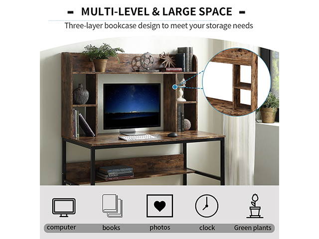 Home Office Computer Desk with Hutch, 47 inch Rustic Office Desk and Modern Writing Desk with Storage Shelves , Vintage and Black Legs,GT53