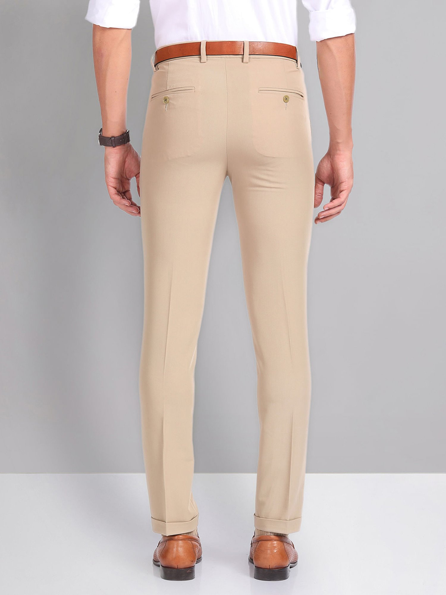 AD by Arvind Light Brown Slim Fit Flat Front Trousers
