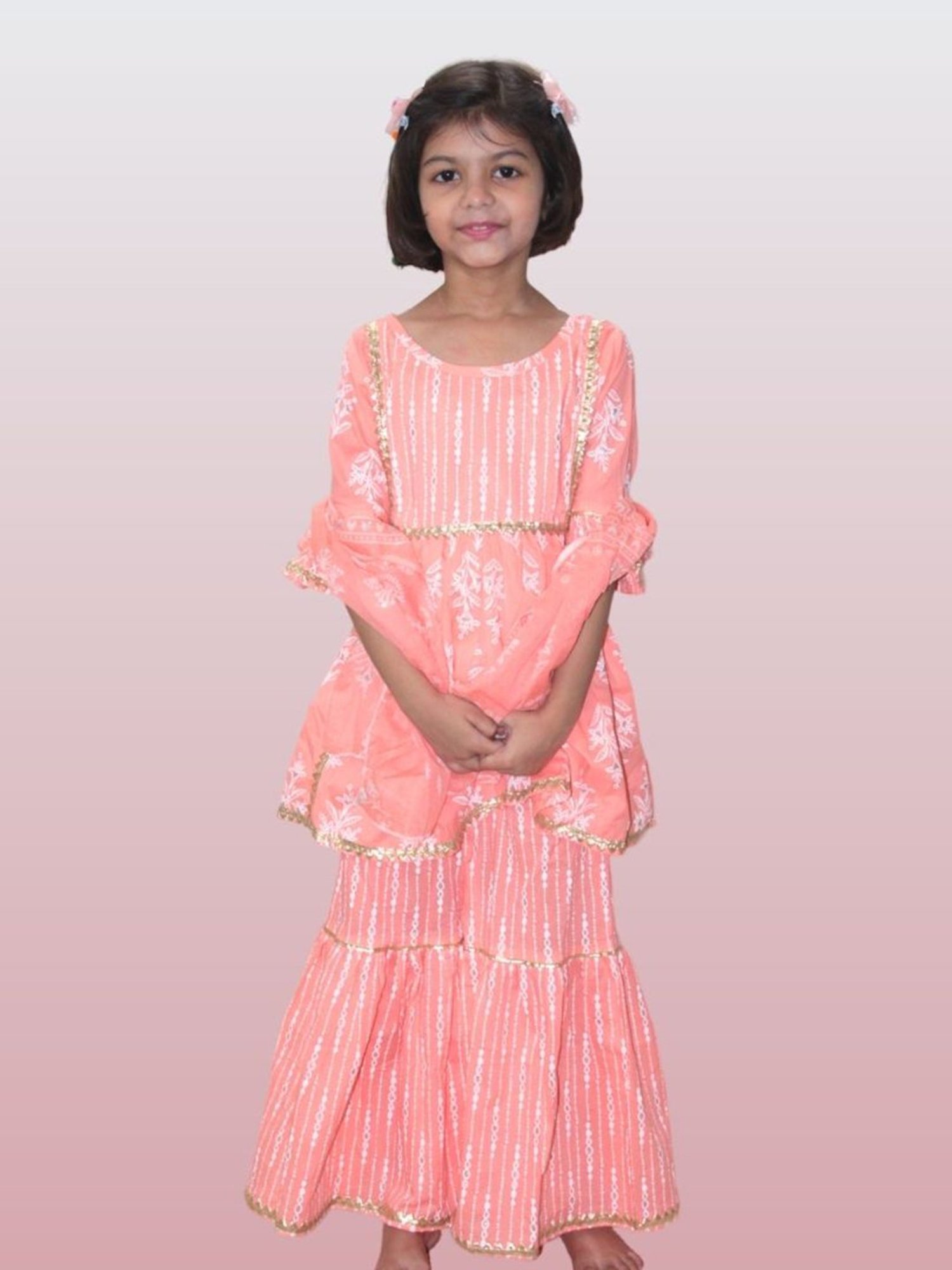 Tippy Top Kids Peach Floral Print Kurta, Sharara with Dupatta