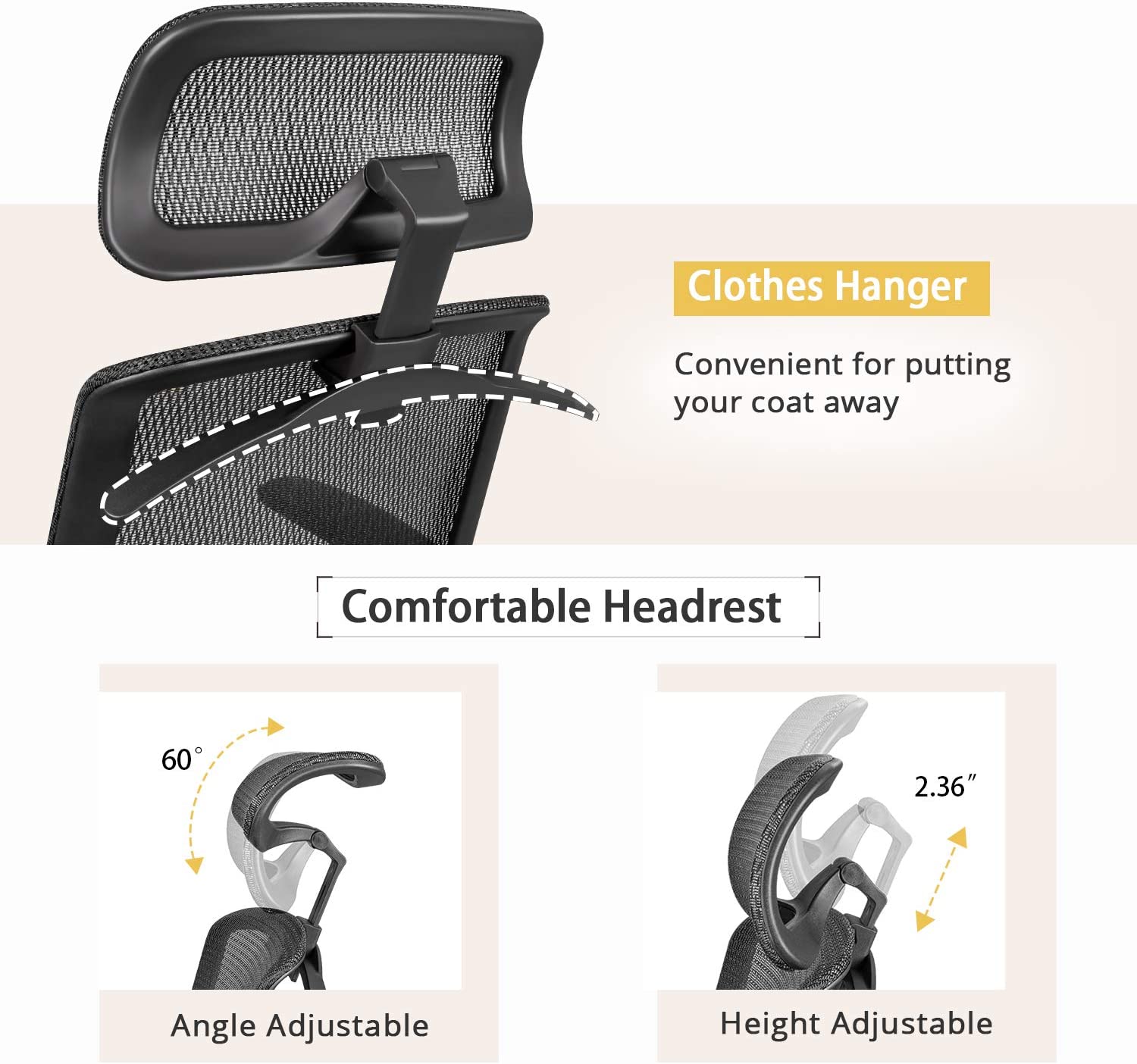 Furmax Ergonomic Office Chair Executive Chair with Mesh Seat High Back Computer Desk Chair with Adjustable Headrest Lumbar Support Armrest Rolling Task Chair with Clothes Hanger (Black)