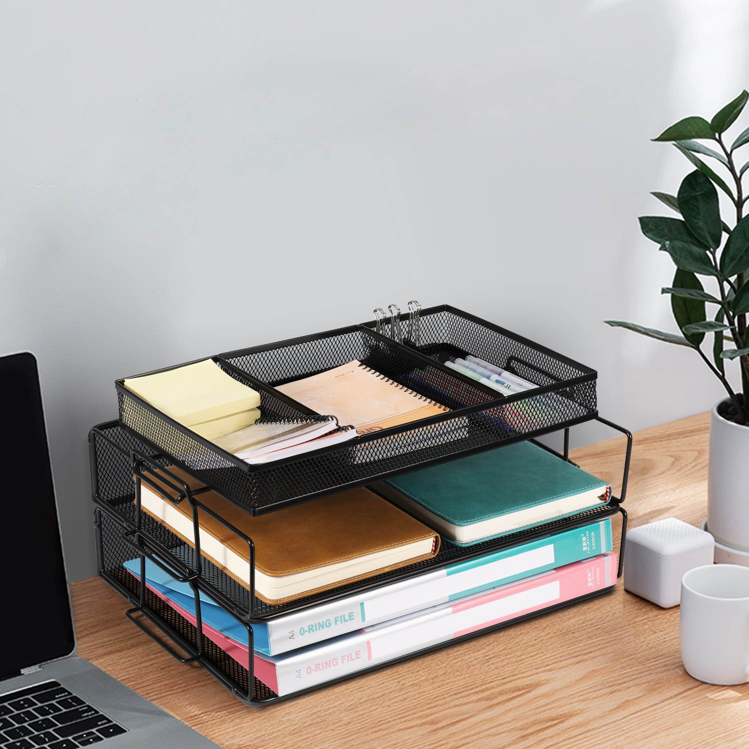 Desk Organizer Stackable Letter File Document Paper Tray - 2 Tier Mesh Metal Holder Storage Shelf Sorter for Office and Home (Black)