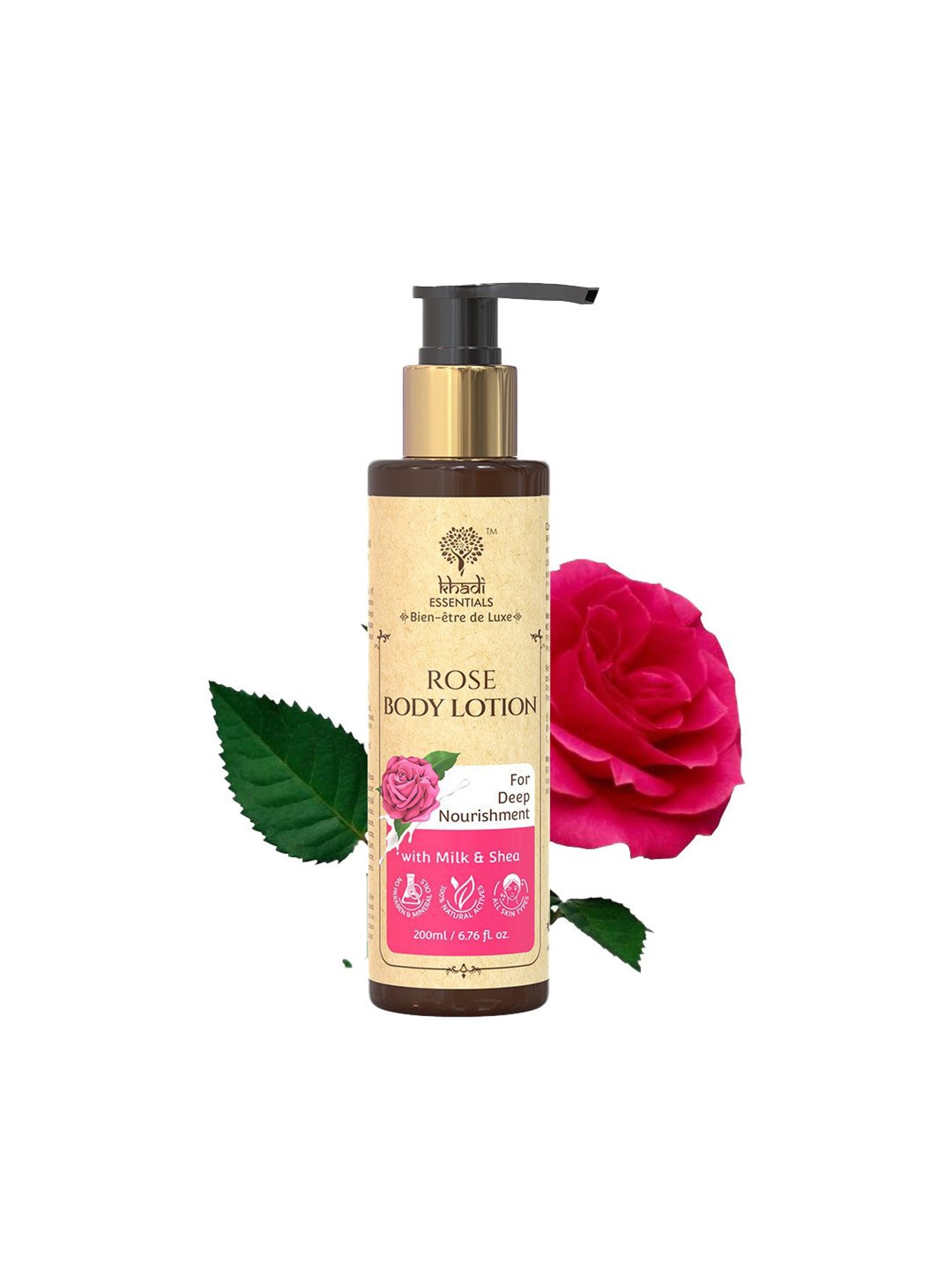 Khadi Essentials Rose Body Lotion with Milk & Shea Helps in Deep Nourishment - 200 ml