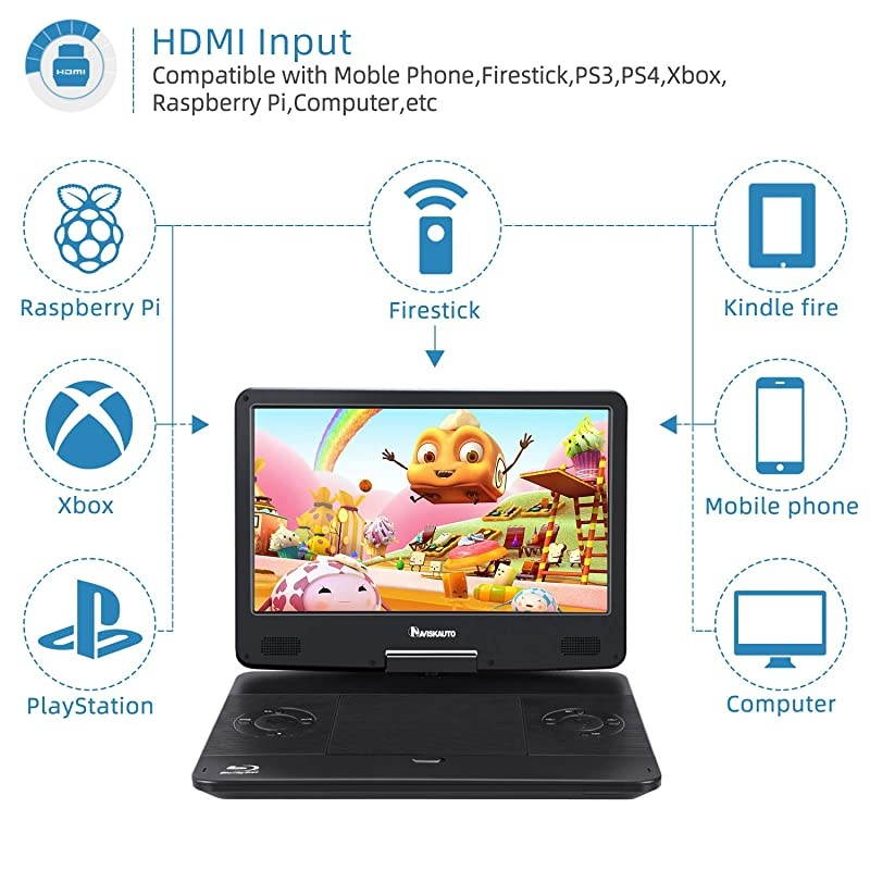 14" Portable Blu-Ray DVD Player with 1920X1080 HD Large Screen, 4000mAh Rechargeable Battery, Support HDMI in/Out, USB/SD Card Reader, MP4 Video Playback (HDMI Cable Included)