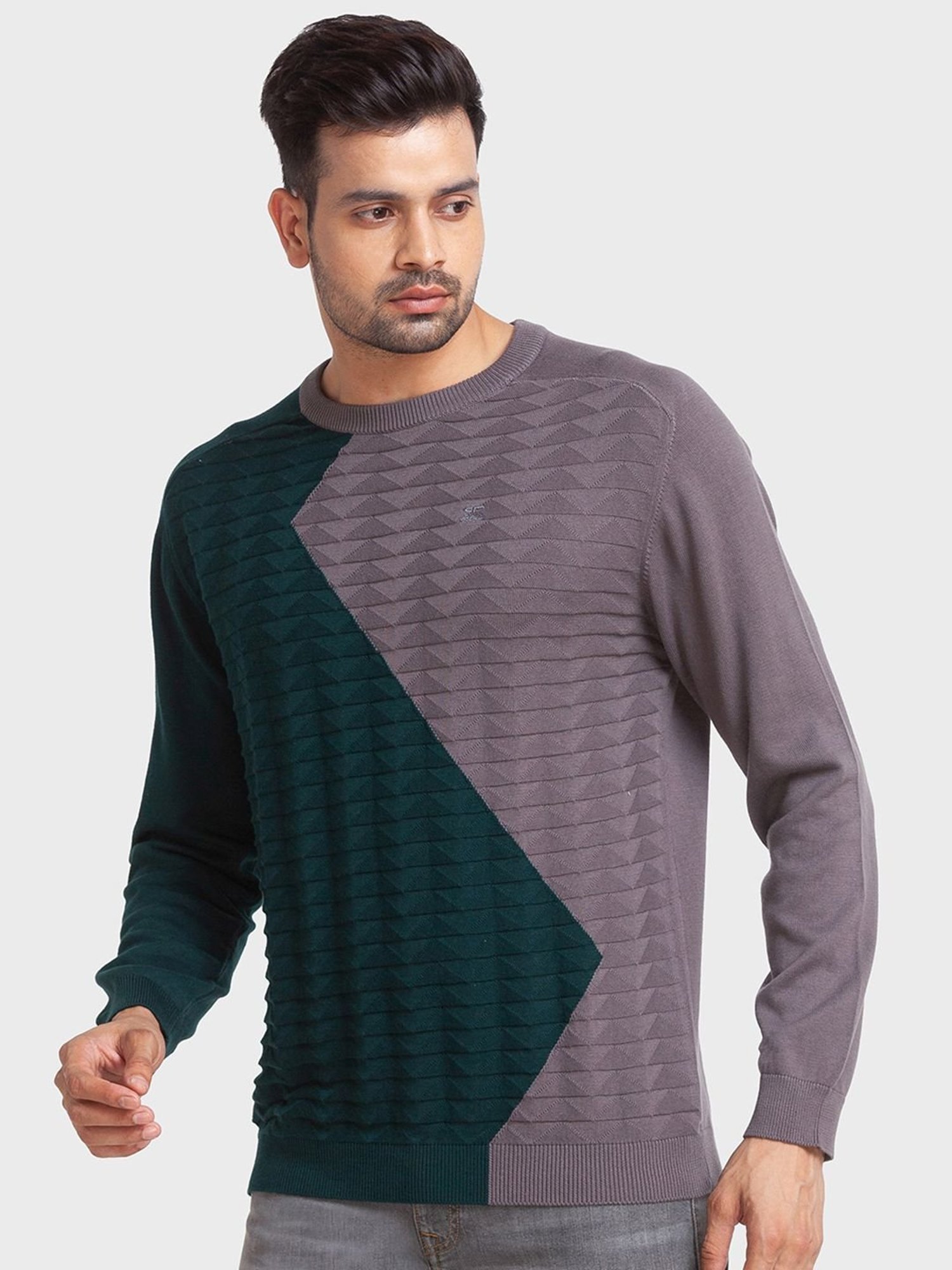 ColorPlus Multi Cotton Tailored Fit Colour Block Sweaters