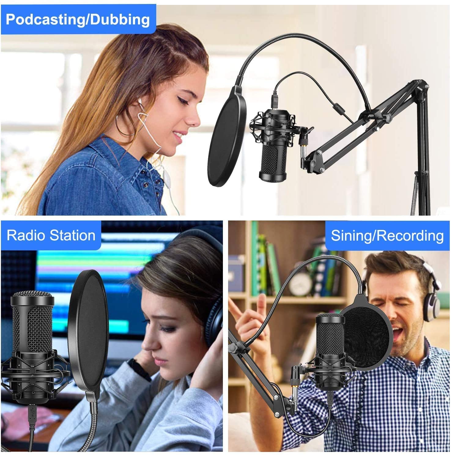 Professional USB Streaming Podcast PC Microphone with AK-35 Suspension Scissor Arm Stand, Shock Mount, Pop Filter, Foam Cover, for Skype, Youtuber, Karaoke, Gaming, Recording, Discord