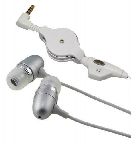 Retractable White Metal Bullet Sound Isolating In ear Earbuds Earphones Hands-free Headset with Microphone for LG Encore - 800G - 511C - Optimus C - Optimus Plus - Phoenix - Optimus Net - enV Touch