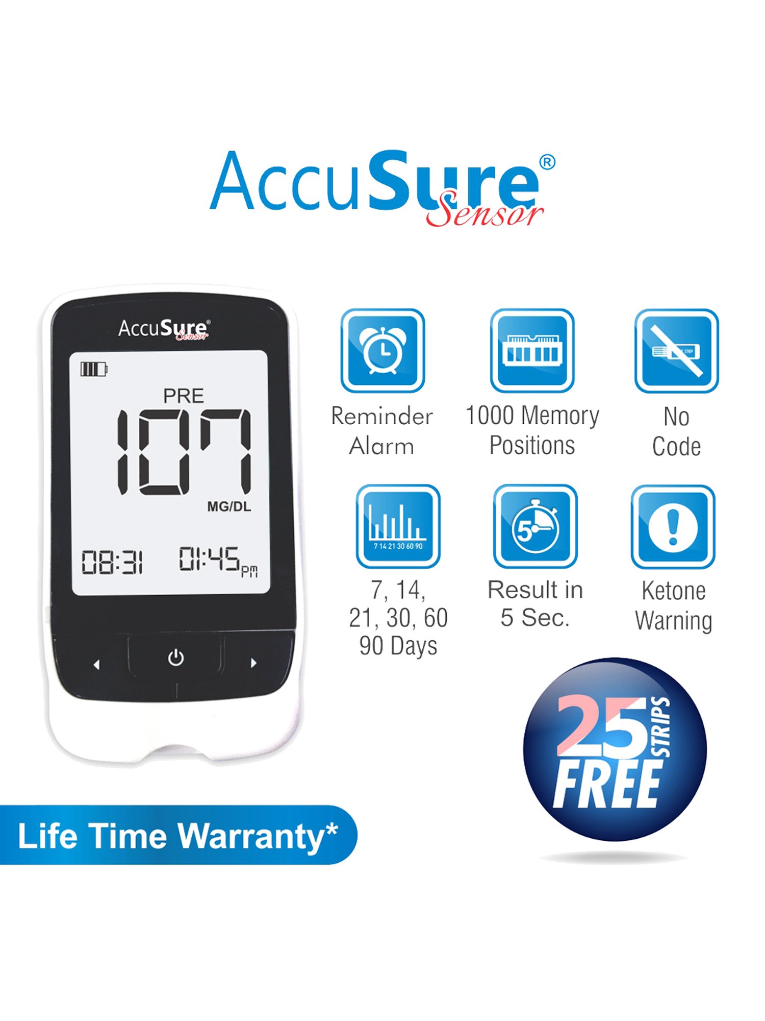 Accusure Sensor Glucometer Machine With 25 Test Strips (Black)