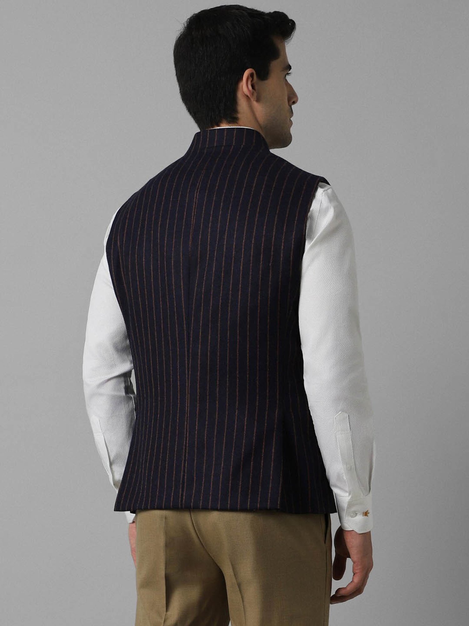 Louis Philippe Navy Slim Fit Striped Nehru Jacket