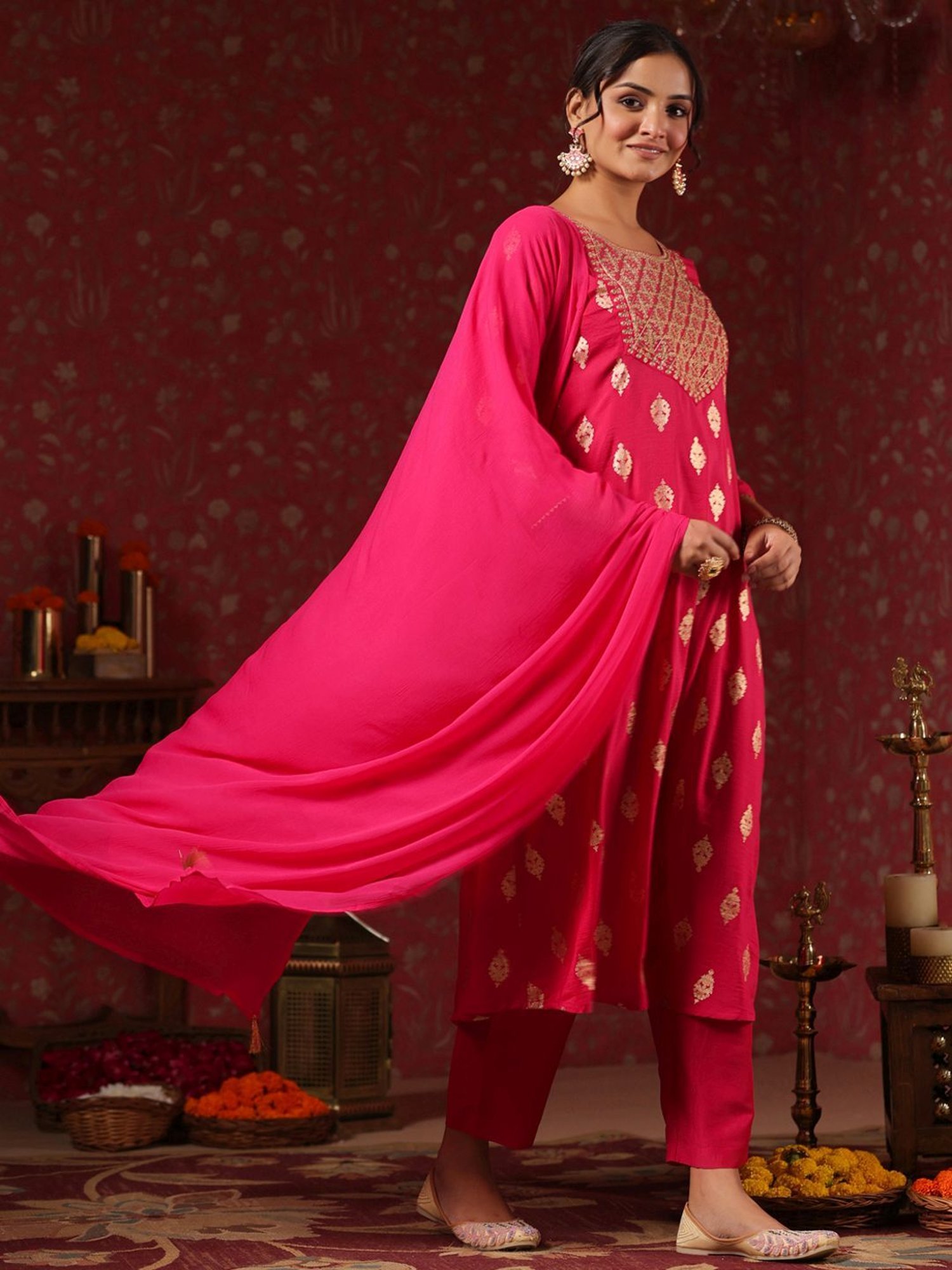 Ishin Pink Embroidered Kurta Pant Set With Dupatta